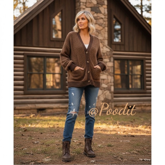 MYSTREE chocolate part wool cardigan S M L - Picture 1 of 8